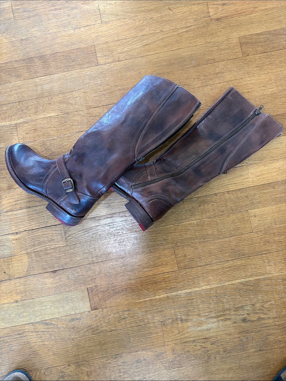 Bed Stu Distressed Brown Leather Knee Boots with Side Zip